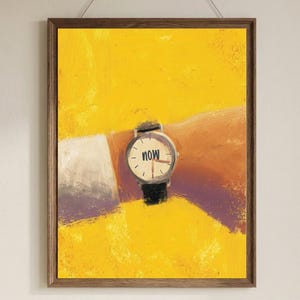 Now Minimalist Wall Art, Motivational Clock Digital Print, Vibrant Yellow Oil Paint Effect Poster