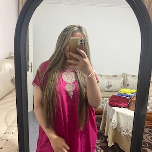 Moroccan Caftan for Women – Fuchsia Jalabiya with Golden Embroidery | Modest Lounge Dress | Handmade in Morocco