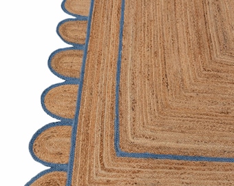 French Blue Jute Scallop Handmade Rug, Jute Rugs, Customise in any size.--#2719
