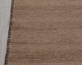 Light Brown Taupe Fine Wool Flatweave Kilim – Hand-Woven Boho Solid Rug, Custom Sizes