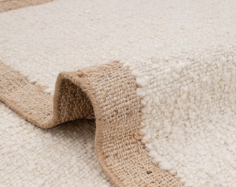 Hand-Woven Ivory Wool & Jute Rug Moroccan Boho Decor Inspired by Bohemian Decoration and Arts