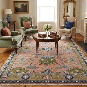 Blush Pink Green Turkish-Style Handmade Oushak Wool  Rug