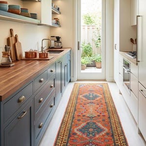 Peut inclure: Un long tapis rectangulaire de type chemin de couloir, doté d'une base orange vive ornée de motifs géométriques complexes dans des tons bleu, jaune et rouge. Le tapis présente une bordure détaillée et des franges blanches aux extrémités.