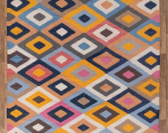 8x10 Handwoven Wool Kilim Rug – Colorful Diamond Flatweave