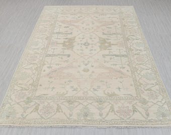 Cream Green Pink Muted Turkish Oushak Hand-Knotted Wool Rug, Boho Chic Style, Custom Size