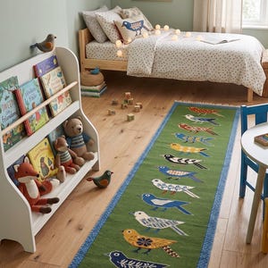 Hand tufted Wool Runner Rug | Modern Green Bird Motif Whimsical Folk Art  Hallway Carpet