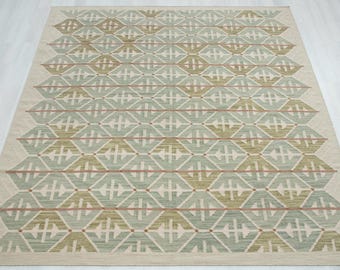 Green Scandinavian Handwoven Flatweave Kilim Rug, Modern Boho Geometric, Custom Sizes AD-8