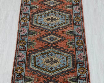 Custom Size Wool Runner Rug – Rust Blue Persian Hallway Carpet