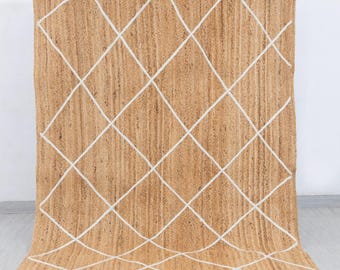 Gold White Stripes Bohemian Moroccan Rectangle Jute Handmade Rug Custom in any size