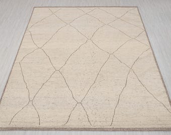 Hand-Knotted Moroccan Berber Wool Rug – Ivory & Brown Boho Shag