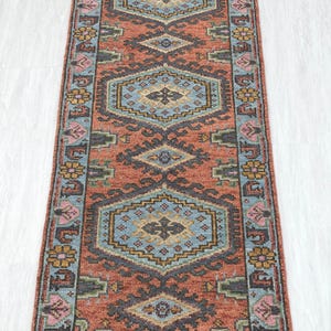 Rust and Blue Persian Runner Hand-Knotted Wool Staircase and Hallway Runner with Soft Plush Feel, Customizable in Any Size
