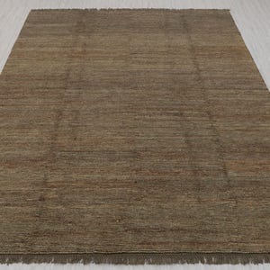May include: A brown and beige area rug with a subtle geometric pattern. The rug has a fringed edge.