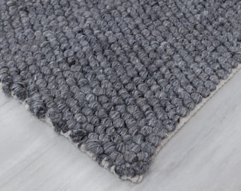 May include: Close-up of a gray, textured rug with a looped pile. The rug has a neutral color palette, with shades of gray and a white border. The texture appears soft and inviting, suitable for home decor.