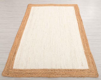 Handmade White Jute Rug, Golden Border, Boho Chic Style, Custom Size