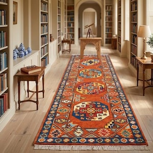 Hand‑Knotted Rust Orange Tribal Runner Rug with Blue Octagonal Medallions — Wool Hallway Runner
