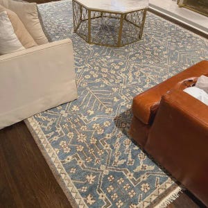 May include: A blue and beige patterned area rug with a distressed look. The rug is rectangular and features a repeating floral and geometric design. The rug is placed on a dark wood floor, with a white sofa and a brown leather chair visible.