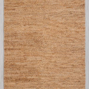 May include: A rectangular, woven jute rug in a natural tan color. The rug measures 6 x 9 feet (183 x 274 cm) and features a textured, horizontal weave pattern. The rug is suitable for indoor use.