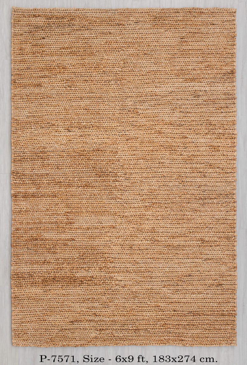 May include: A rectangular, woven jute rug in a natural tan color. The rug measures 6 x 9 feet (183 x 274 cm) and features a textured, horizontal weave pattern. The rug is suitable for indoor use.