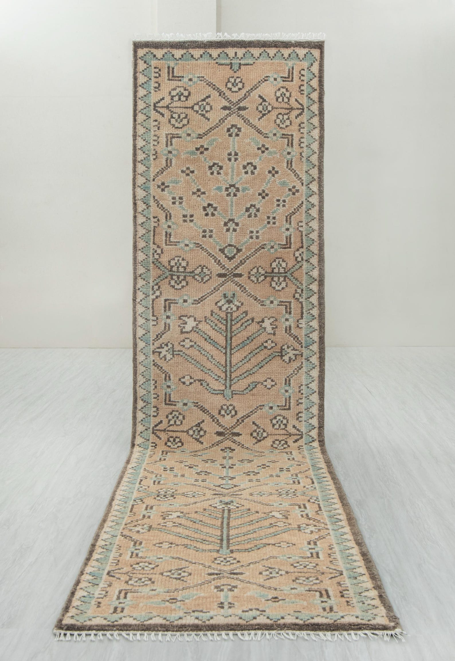 Hand-Knotted Wool Runner Rug, Light Gold Beige, Plush Oushak Design