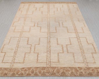 Hand Woven Cream Jute Wool Rug, Taureg Inspired Design, Customizable Size