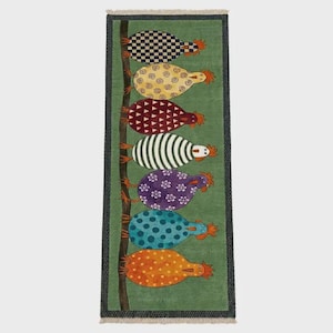 Colorful Chicken Runner Rug Hand Knotted Wool Farmhouse Hallway Rug Vintage Style Carpet