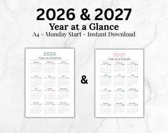 May include: Two A4 calendar sheets for 2026 and 2027, each titled Year at a Glance with a Monday start. The 2026 calendar features green accents, while the 2027 calendar features pink accents. Both display twelve months with dates.