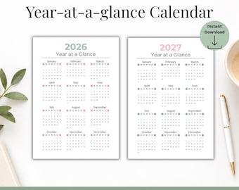 May include: Two printable calendar pages for 2026 and 2027, each displaying a year-at-a-glance layout with months from January to December. The 2026 calendar features gray text, while the 2027 calendar features pink text. Both include a Sunday start.