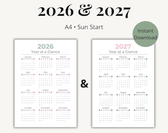 2026-2027 Year-at-a-Glance Calendar, Sunday-Start A4 Printable PDF