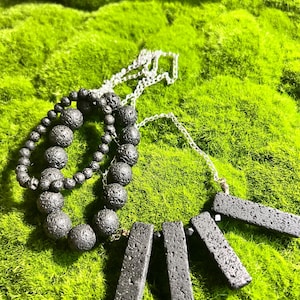 Lava Stone Jewelry Set: Volcanic Rock Necklace & Beaded Bracelets