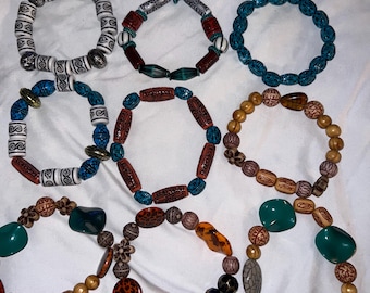 Boho Beaded Stretch Bracelet: Handmade Wood, Ceramic & Stone - Unisex