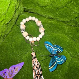 Wild and Woodsy Wristlet Keychain Leopard Print and Natural Wood Beads