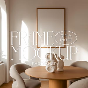 DIN A Poster Mockup with Oak Frame on Beige Wall, Frame Mockup for Artwork Display, Vertical Frame PSD Mockup with Vases, Dining Room Scene