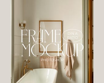 Vertical Frame Mockup in Retro Bathroom, DIN A Ratio Template, A3 PSD Wall Art Display Above Bathtub, Photoshop Digital Frame Mockup for Art