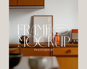 Vertikaler Rahmen Mockup, Mid-Century Style, A4 Rahmen Vorlage für Kunst, PSD Digitaler Download, DIN A Ratio Digitaler Rahmen im Retro Dekor Küche