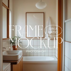 Vertical Frame Mockup in Minimalist Bathroom, DIN A Ratio Template, A3 Wall Art Display Above Bathtub, Retro Digital Frame Mockup for Poster