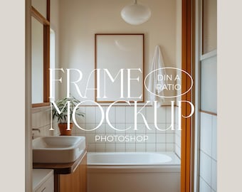 Vertical Frame Mockup in Minimalist Bathroom, DIN A Ratio Template, A3 Wall Art Display Above Bathtub, Retro Digital Frame Mockup for Poster