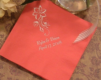 wedding cocktail napkins floral design napkins coral napkins custom cocktail napkins personalized with names and date 26 napkin colors