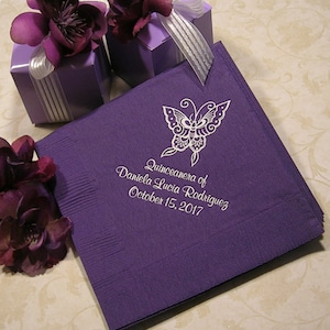 Quinceanera napkins birthday napkins Mis Quince Mis Quince Anos personalized napkins butterfly design 26 napkin colors