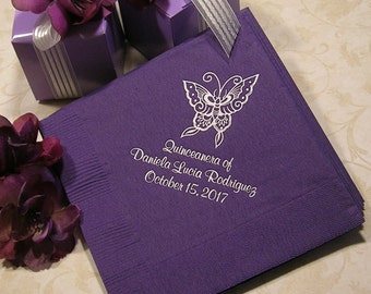 Quinceanera napkins birthday napkins Mis Quince Mis Quince Anos personalized napkins butterfly design 26 napkin colors