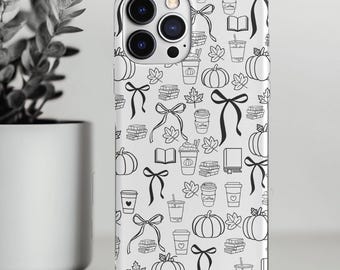 Coquette Bow Halloween Phone Case,Autumn Fall Leaves Aesthetic Coffee Phone Case,Fall Samsung Google iPhone Cover,Cute Pumpkin Spice Vibes