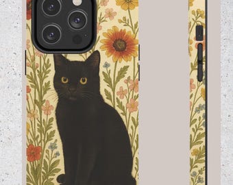 Black Cat in Wildflowers Phone Case For iPhone 16 15 14 13 12 11 Pro Max mini Plus Case Samsung Galaxy  s24 s23 s22 s21,Whimsical Animal