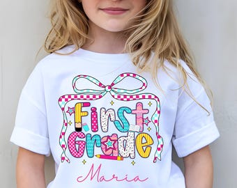 Personalized Preppy 1st Grade Shirt for Girls,Custom Kids Name Back To School First Grade Shirt Gift,Elementary First Day Of School Outfit