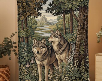Wolf & Forest Tapestry Blanket,Floral Velveteen Blanket,Cottagecore Wildlife Home Decor,Medieval Fantasy Art,Forest Animals Blanket,Throw