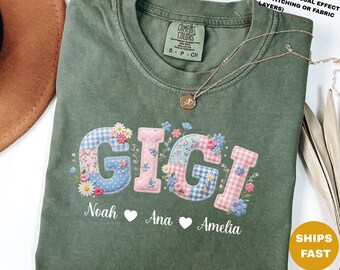Personalized Gigi Shirt, Faux Patchwork Floral Grandma Tee, Kids Names Gift