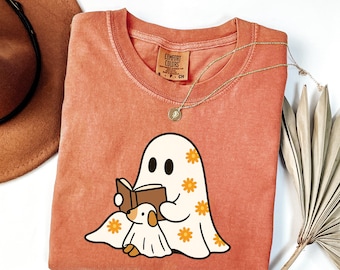Schattig Ghost Reading Shirt voor boekenliefhebbers Hondenliefhebber bibliothecaris Halloween kostuum Spooky Season Tee gezellig cadeau voor lezer herfst schattig herfstshirt