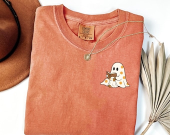 Schattig Ghost Reading zakshirt voor boekenliefhebbers Hondenliefhebber bibliothecaris Halloween kostuum Spooky Season Tee gezellig cadeau voor lezer schattig herfstshirt