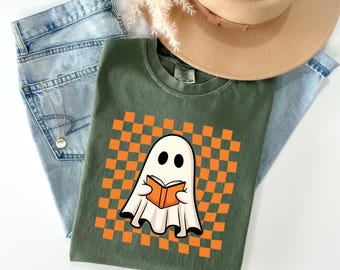 Spookleesboekshirt, leesgrage halloweenshirt, halloween leraar cadeau, bibliothecaris halloweenshirt, spook ronde hals, grappig boekenliefhebber spookcadeau