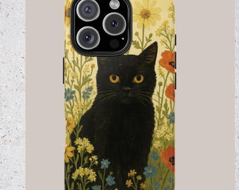 Black Cat in Wildflowers Phone Case Whimsical Floral Aesthetic iPhone Samsung Galaxy Unique Cute Gift for Her Durable Protective phone Cover