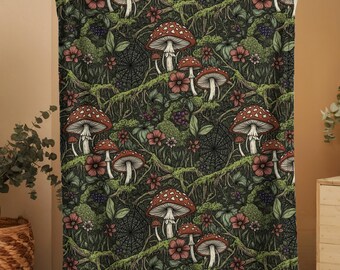 Mushroom Forest Velveteen Blanket for Nature Lover Gift,Goblincore & Cottagecore Art,Fungi and Moss Woodland Home Decor,Dark Academia Throw