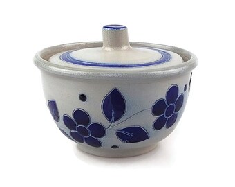 Vintage stoneware Gres De La Roche sugar bowl with blue floral motif